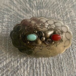 Sterling silver Navajo necklace slider Turquoise and Coral Accents